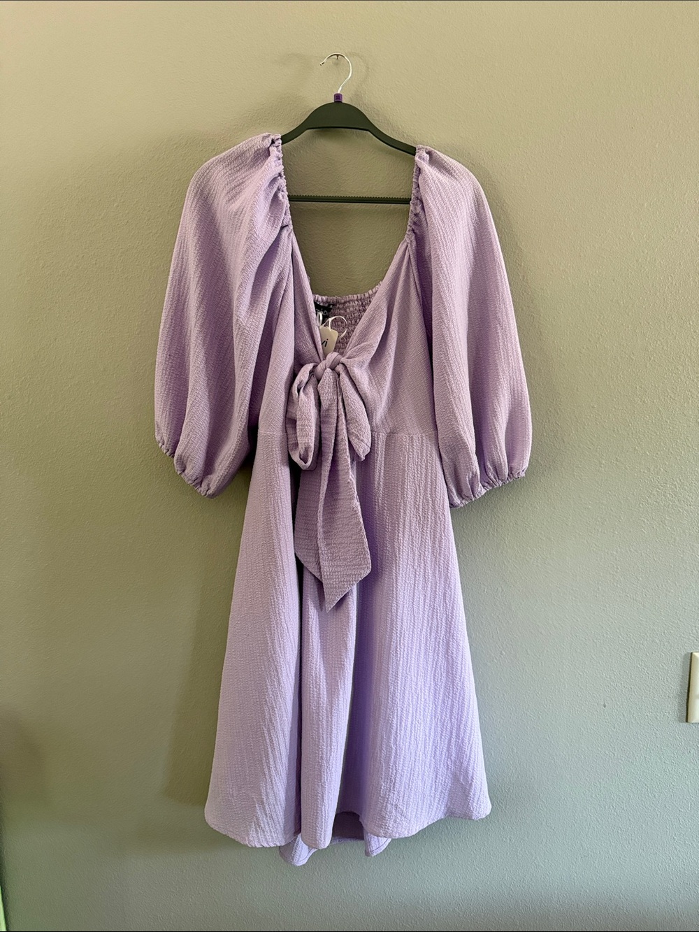 DAVI & DANI Lavender Tie-Front Puff Sleeve Midi Dress